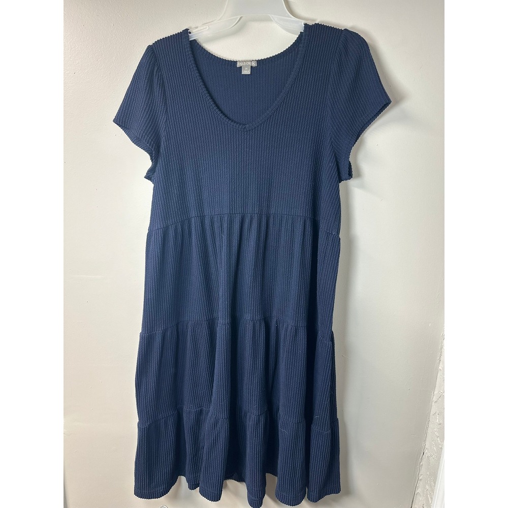 Falls Creek | Navy Blue Ribbed Knit Tiered V-Neck Babydoll Dress | Size 1X